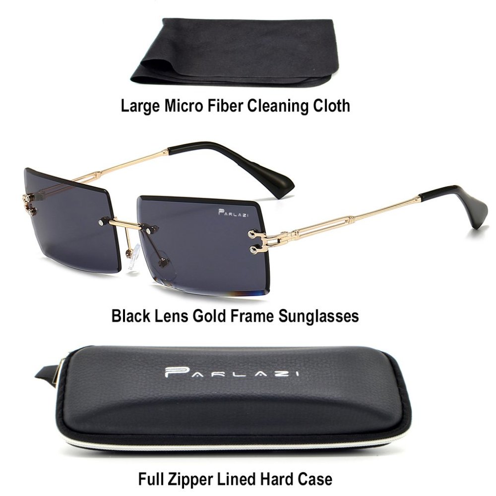 Parlazi Women Sunglasses Frameless Black & Gold W/ Hard Case Rectangle Gradient